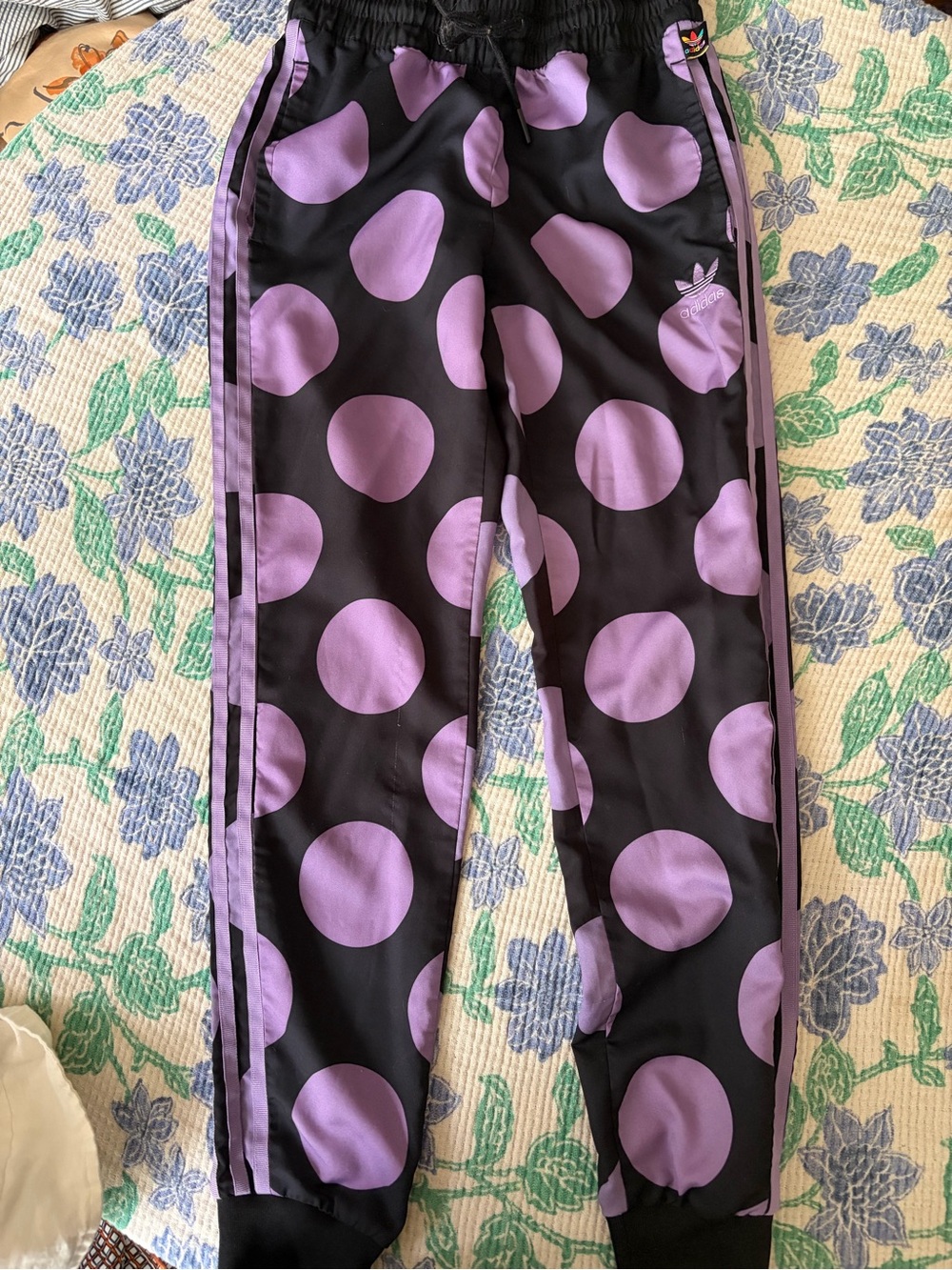 adidas Kids Black Joggers with Lavender Polka Dots